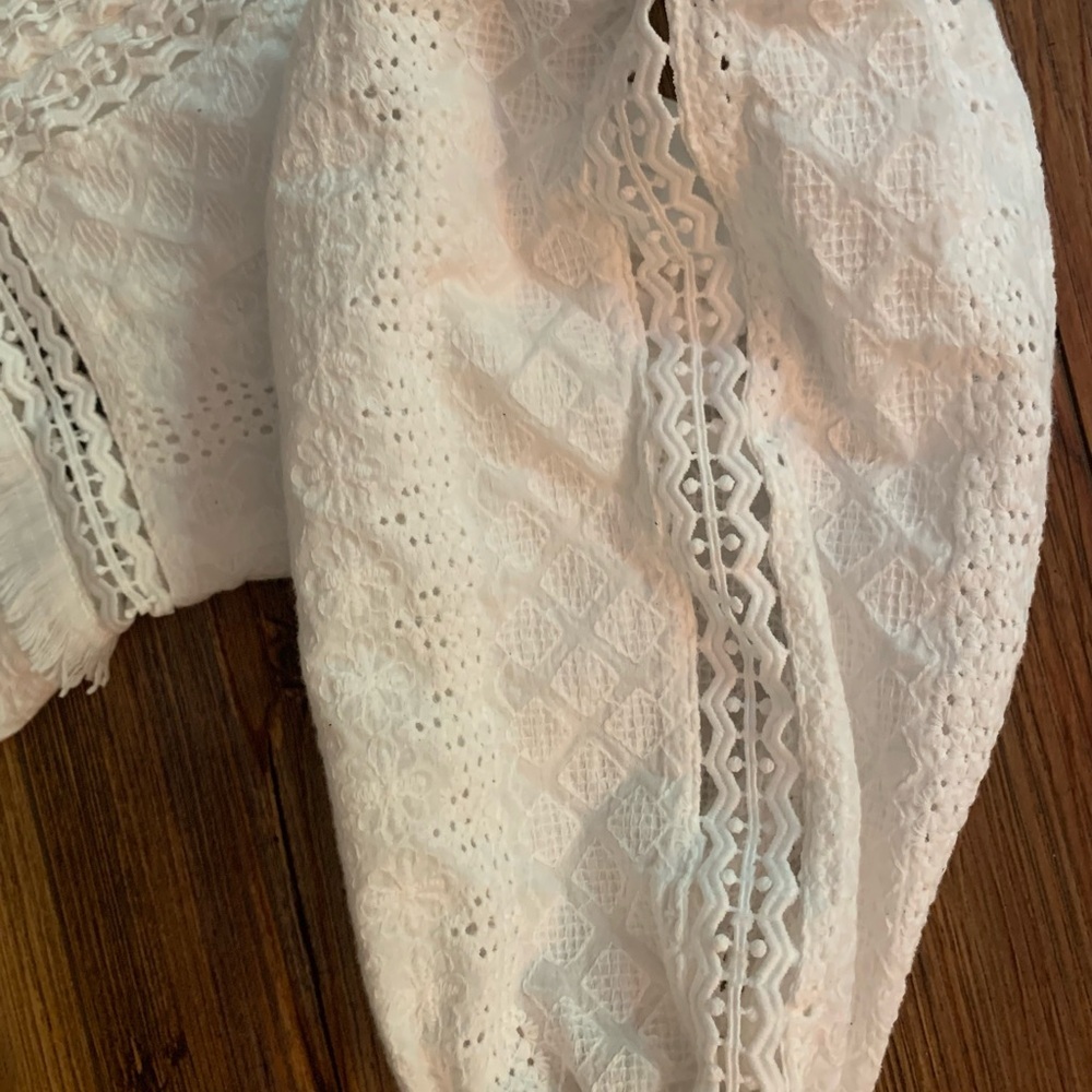 ESTHER White Lace Puff Sleeve Lined Mini Dress Sz S/8 Elegant Eyelet - Picture 13 of 16